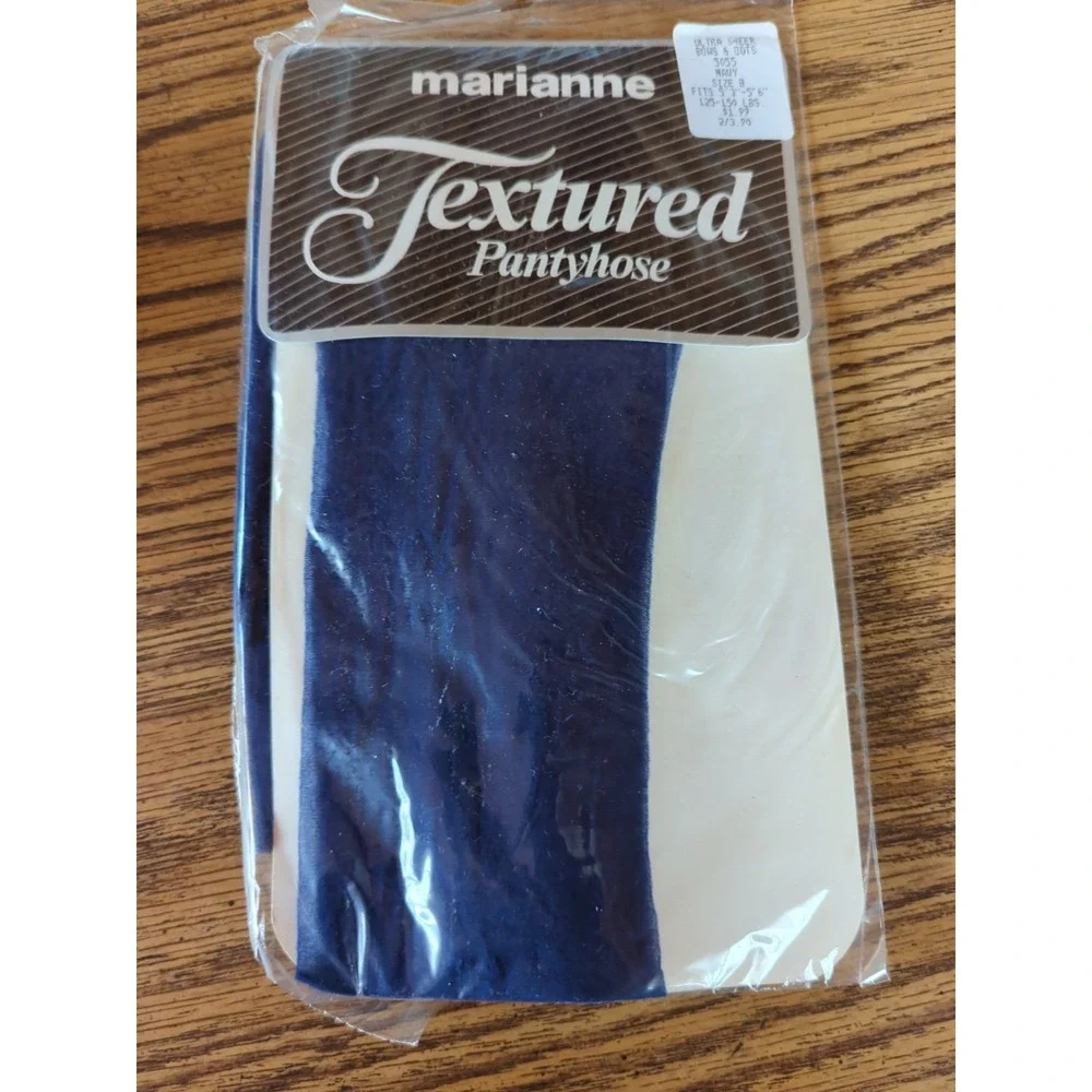 New Vintage Marianne Textured Pantyhose Size B Ultra Sheer Dots & Bows Navy Blue